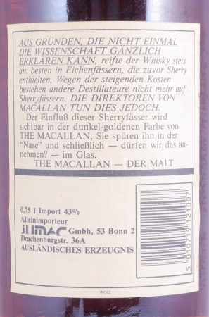 Macallan 12 Years Sherry Wood Highland Single Malt Scotch Whisky 43,0% old Bottling for JUMAC GmbH Bonn