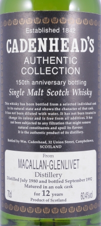 Macallan-Glenlivet 1980 12 Years Oak Cask 150th Anniversary Bottling Cadenhead Highland Single Malt Scotch Whisky 60.4%