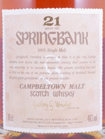 Springbank 21 Years Hedley G Wright Round Dumpy Bottle Campbeltown Single Malt Scotch Whisky 46,0%