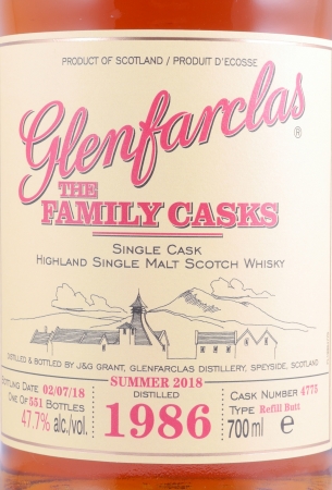 Glenfarclas 1986 32 Years The Family Casks Refill Sherry Butt Cask No. 4775 Highland Single Malt Scotch Whisky 47.7%