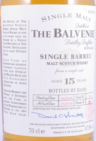 Balvenie 1991 15 Years Oak Cask No. 1114 Single Barrel Highland Single Malt Scotch Whisky 47.8%