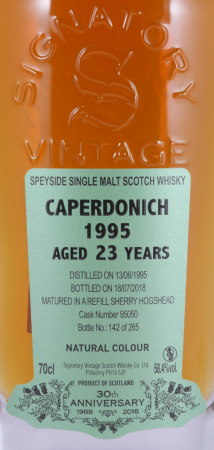 Caperdonich 1995 23 Years Sherry Hogshead Cask No. 95050 Signatory 30th Anniversary Speyside Single Malt Scotch Whisky 58.4%