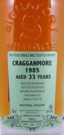 Cragganmore 1985 33 Years Hogshead Cask No. 1241 Signatory 30th Anniversary Speyside Single Malt Scotch Whisky 53.4%