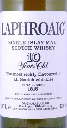 Laphroaig 10 Years Bourbon Casks Vintage 1980s Pre Warrant Islay Single Malt Scotch Whisky German Import 43,0%