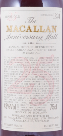 Macallan 1958/1959 25 Years The Anniversary Malt Special Bottling of Unblended Highland Single Malt Scotch Whisky 43.0%