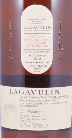 Lagavulin 1994 15 Years European Oak Sherry Cask No. 3210 Feis Ile 2010 Limited Edition Islay Single Malt Scotch Whisky Cask Strength 52.7%