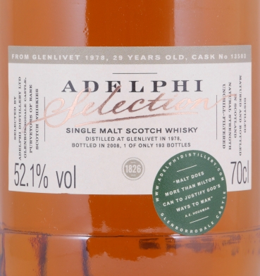 Glenlivet 1978 29 Years American Oak Hogshead Cask No. 13503 Adelphi Selection Speyside Single Malt Scotch Whisky Cask Strength 52,1%