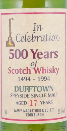 Dufftown 1977 17 Years James MacArthur 500 Years of Scotch Whisky 1494-1994 Speyside Single Malt Scotch Whisky 58,5%