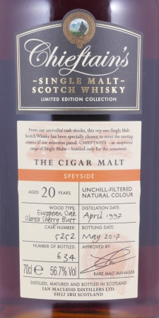 The Cigar Malt 1997 20 Years Oloroso Sherry Butt Cask No. 5252 Chieftains Choice Speyside Single Malt Scotch Whisky 56.7%