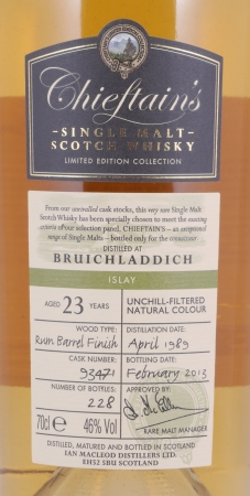 Bruichladdich 1989 23 Years Rum Barrel Finish Cask No. 93471 Ian McLeod Chieftains Choice Single Malt Scotch Whisky 46,0%