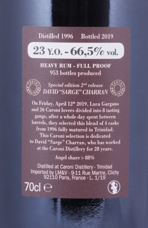 Velier Caroni 1996 23 Years Employees Special Edition 2nd Release David “Sarge” Charran Full Proof Heavy Trinidad Rum 66.5%