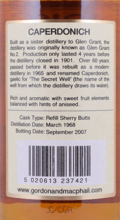 Caperdonich 1968 39 Years Refill Sherry Butts Gordon and MacPhail Connoisseurs Choice Speyside Single Malt Scotch Whisky 46.0%