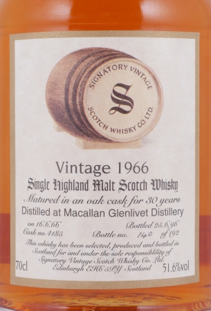 Macallan-Glenlivet 1966 30 Years Oak Cask No. 4185 Signatory Vintage Highland Single Malt Scotch Whisky 51.6%