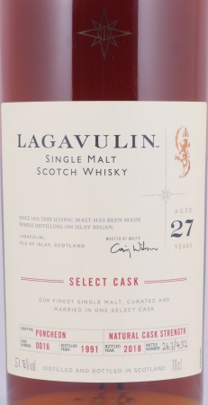 Lagavulin 1991 27 Years Puncheon Cask No. 0016 Select Cask Limited Single Cask Edition Islay Single Malt Scotch Whisky Cask Strength 51,8%