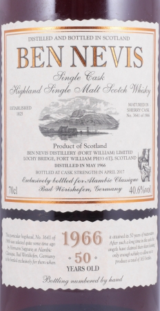 Ben Nevis 1966 50 Years Sherry Hogshead Cask No. 3641 Highland Single Malt Scotch Whisky Cask Strength 40.6%