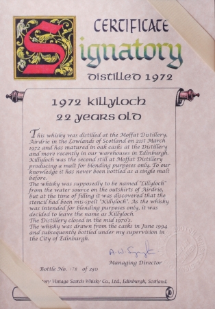 Killyloch 1972 22 Years Sherry Cask No. 206413 Signatory Vintage Dumpy Bottle Lowland Single Malt Scotch Whisky 52.6%