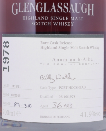 Glenglassaugh 1978 36 Years Port Hogshead Cask No. 1118/11 Highland Single Malt Scotch Whisky 41,9%