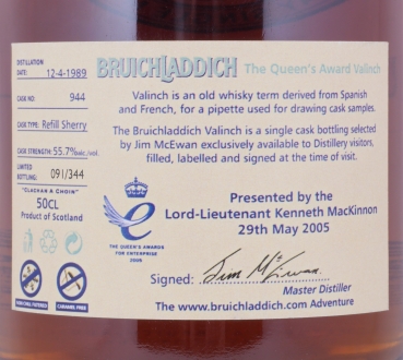 Bruichladdich 1989 16 Years Refill Sherry Cask No. 944 The Queens Award Valinch Islay Single Malt Scotch Whisky 55,7%