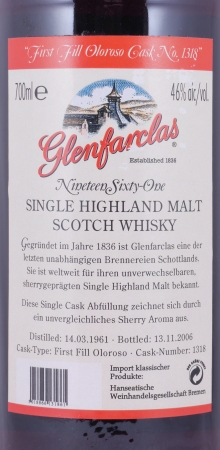 Glenfarclas 1961 45 Years First Fill Oloroso Sherry Cask No. 1318 Highland Single Malt Scotch Whisky 46,0%