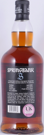 Springbank 2000 16 Years Fresh Sherry Butt only for UK costumers Campbeltown Single Malt Scotch Whisky 54.2%