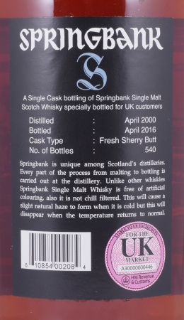 Springbank 2000 16 Years Fresh Sherry Butt only for UK costumers Campbeltown Single Malt Scotch Whisky 54.2%