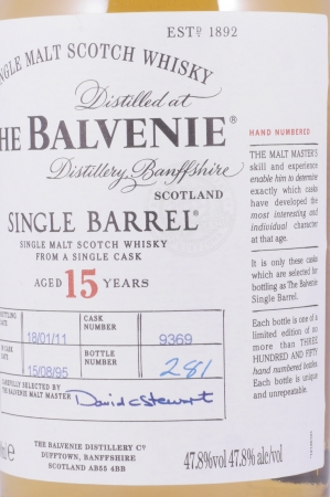 Balvenie 1995 15 Years Oak Cask No. 9369 Single Barrel Highland Single Malt Scotch Whisky 47,8%