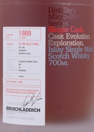 Bruichladdich 1989 21 Years Bourbon / Oloroso Sherry Cask No. 007 Micro-Provenance Islay Single Malt Scotch Whisky 51.9%