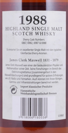 Glenfarclas 1988 28 Years Sherry Casks Nos. 6867, 6982, 6987, 6988 Edition No. 20 James Clerk Maxwell Highland Single Malt Scotch Whisky 46,0%