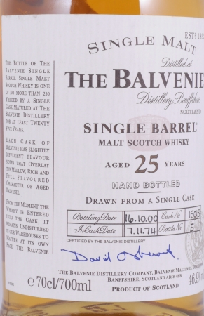 Balvenie 1974 25 Years Single Barrel Oak Cask No. 15015 Highland Single Malt Scotch Whisky 46.9%