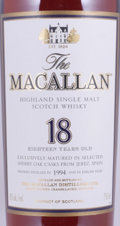 Macallan 1994 18 Years Sherry Oak Highland Single Malt Scotch Whisky 750ml Remy Cointreau NY 43,0%