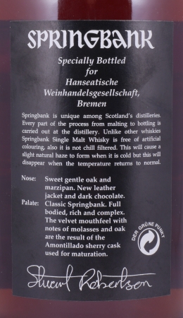 Springbank 1996 12 Years Amontillado Sherry Cask No. 256 Campbeltown Single Malt Scotch Whisky Cask Strength 56.0%