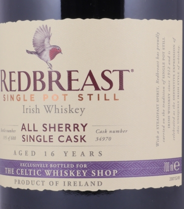 Redbreast 2002 16 Years Oloroso Sherry Cask No. 34970 Single Pott Still Irish Whiskey Cask Strength 60.2%