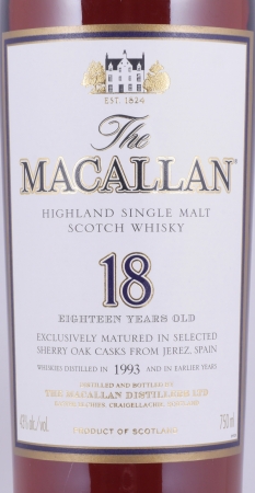 Macallan 1993 18 Years Sherry Oak Highland Single Malt Scotch Whisky 750ml Remy Cointreau NY 43.0%