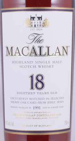 Macallan 1991 18 Years Sherry Oak Highland Single Malt Scotch Whisky 750ml Remy Cointreau NY 43.0%