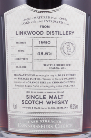 Linkwood 1990 30 Years First Fill Sherry Butt Cask No. 6961 Gordon und MacPhail Connoisseurs Choice Cask Strength Speyside Single Malt Scotch Whisky 48,6%