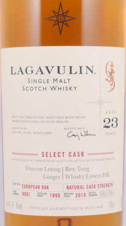 Lagavulin 1995 23 Years European Oak Cask No. 9001 Select Cask Limited Single Cask Edition Islay Single Malt Scotch Whisky Cask Strength 48.7%