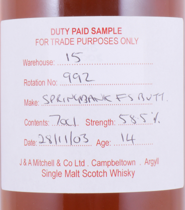 Springbank 2003 14 Years Fresh Sherry Butt Rotation No. 992 Duty Paid Sample Campbeltown Single Malt Scotch Whisky 58,5%