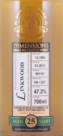 Linkwood 1986 25 Years Oak Cask No. 991101 Duncan Taylor Dimensions Speyside Single Malt Scotch Whisky Cask Strength 47,2%