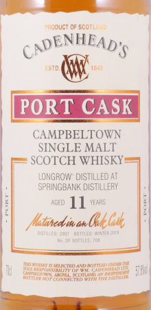 Longrow 2007 11 Years Refill Port Cask Cadenhead Campbeltown Single Malt Scotch Whisky Cask Strength 57.8%