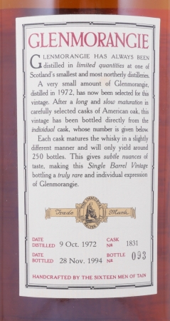 Glenmorangie 1972 22 Years Single Barrel Cask No. 1831 Rare Vintage Limited Bottling Highland Single Malt Scotch Whisky 46,0%