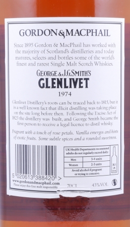 Glenlivet 1974 36 Years Refill Sherry und Bourbon Casks Gordon und MacPhail J.G. Smiths Label Speyside Single Malt Scotch Whisky 43,0%