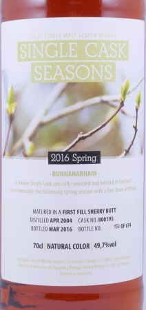 Bunnahabhain 2004 11 Years First Fill Sherry Butt Cask No. 800195 Single Cask Seasons Spring 2016 Islay Single Malt Scotch Whisky 49,7%