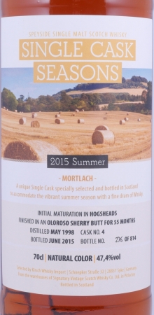 Mortlach 1998 17 Years Hogshead/Sherry Butt Finish Cask No. 4 Single Cask Seasons Summer 2015 Speyside Single Malt Scotch Whisky 47,4%