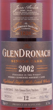 Glendronach 2002 12 Years PX Sherry Puncheon Single Cask No. 1500 Highland Single Malt Scotch Whisky Cask Strength 56,7%