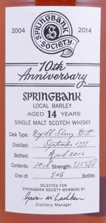 Springbank 1999 14 Years Local Barley Refill Sherry Butt 10Th Anniversary of Society Campbeltown Single Malt Scotch Whisky 57.8%