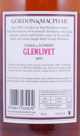 Glenlivet 1977 37 Years Refill Sherry and American Hogsheads Gordon and MacPhail J.G. Smiths Label Speyside Single Malt Scotch Whisky 43.0%