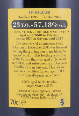 Velier Caroni 1994-2017 23 Years 36th Release Guyana Stock Double Maturation 100° Proof HTR Heavy Trinidad Rum 57.18%