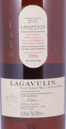 Lagavulin 1993 14 Years European Oak Cask No. 1403 Feis Ile 2008 Limited Edition Islay Single Malt Scotch Whisky Cask Strength 52.9%