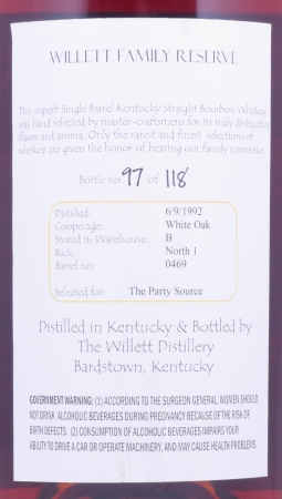 Willett 1992 16 Years Single Barrel No. 0469 Black Wax Sealed Family Estate Rare Release Kentucky Straight Bourbon Whiskey 73.5%