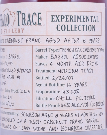 Buffalo Trace 1990 16 Years Cabernet Franc French Oak Barrel 4. Release Experimental Collection 2008 Bourbon Whiskey 45,0%